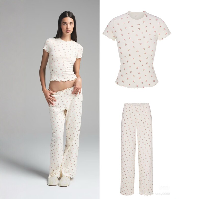 SKIMS Kardashian sweet floral short-sleeve pajamas for women, suitable for summer, can be worn outside as home wear, pure and desirable style with long pants