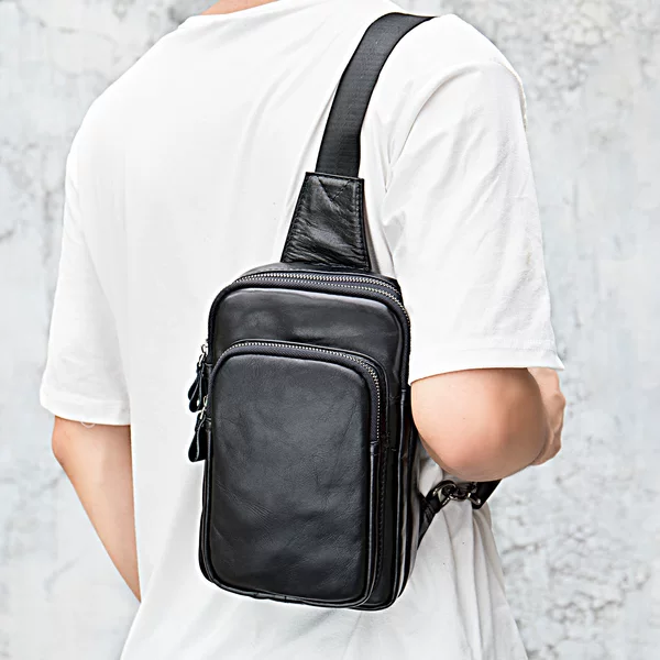 Genuine Leather Men's Vertical Chest Bag, Men's Casual Sports Crossbody Bag, Vintage Top-Layer Cowhide Shoulder Bag, Trendy