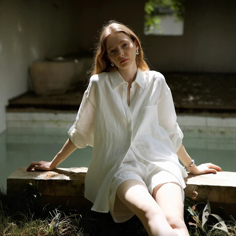 [High-Quality Goods] 100% French Normandy Linen Adjustable Sleeve Tabs Sun-Protective Oversized Shirt + Drawstring Shorts Set