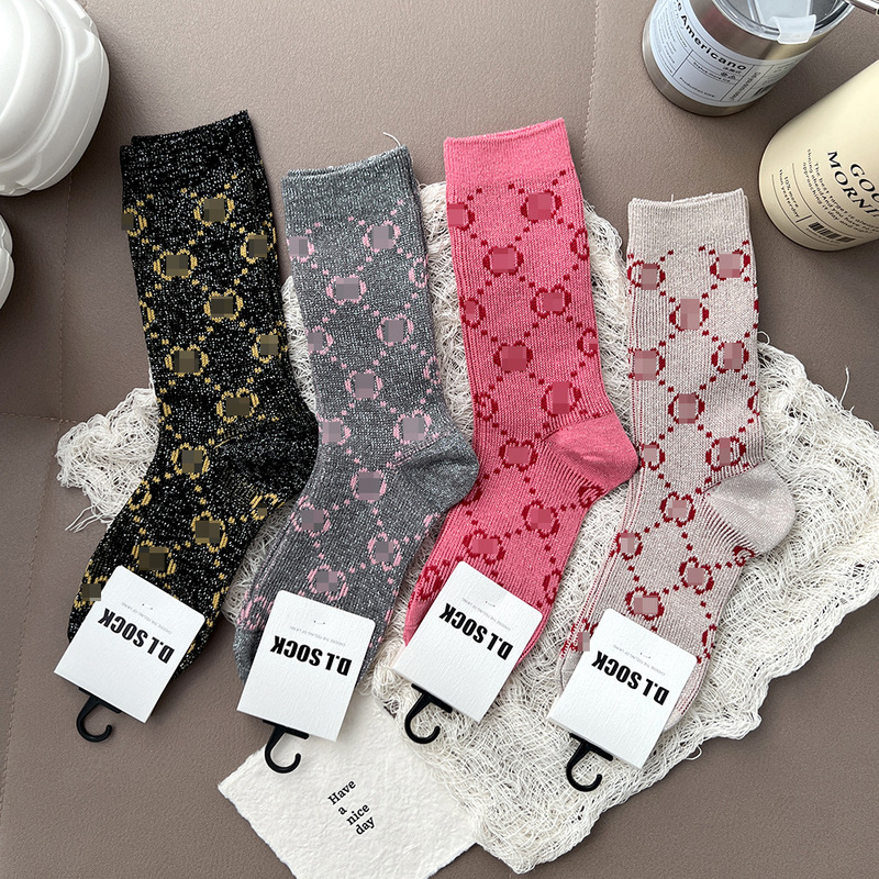 High-End Autumn and Winter g Letter Celebrity Internet Celebrity Gold and Silver Thread Shiny Trendy Ins Slouch Socks Fashion Versatile Mid-Calf Socks