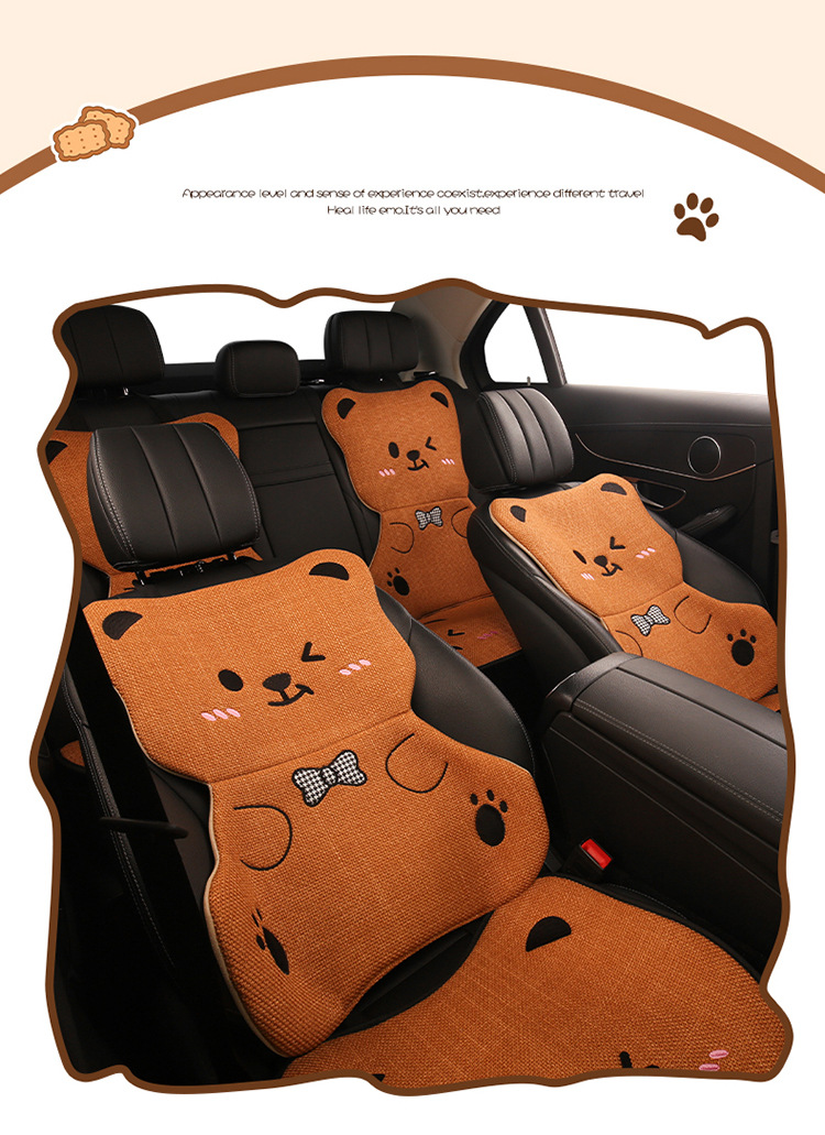 Car Seat Cushion Bear Cartoon Four-Season Universal Non-Slip Anti-Dirt Linen Seat Cover Protective Cover Full-Cover Linen Cartoon
