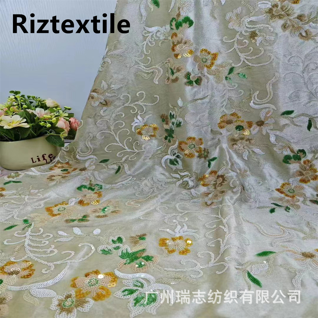 多色亮片绣绒布欧美婚纱晚会礼服裙贴布复古亮片尼日利亚蕾丝面料