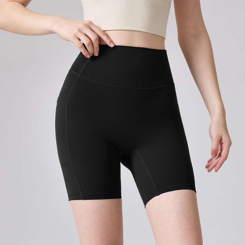 Verano nuevo N66 Laica alto elástico ángulo plano pantalones cortos de yoga apretados bolsillos grandes dobles cintura y abdomen para elevar el estómago