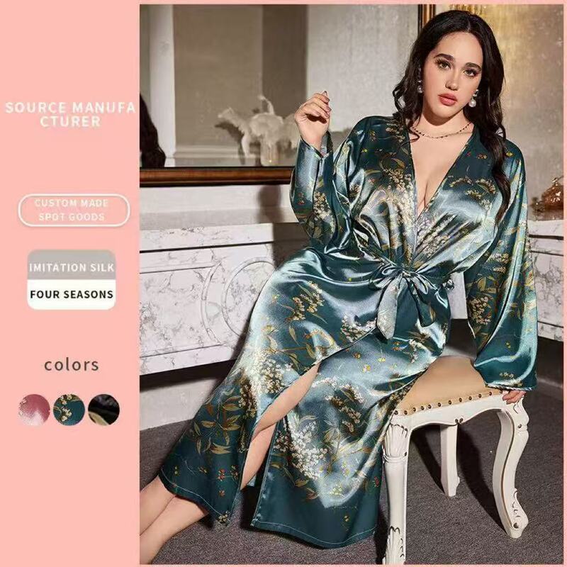 European and American Cross-Border Plus Size Women's Printed Bathrobe, Feminine Fashion Imitation Silk Nightgown, Plus Fat Long-Sleeved Women's Bathrobe