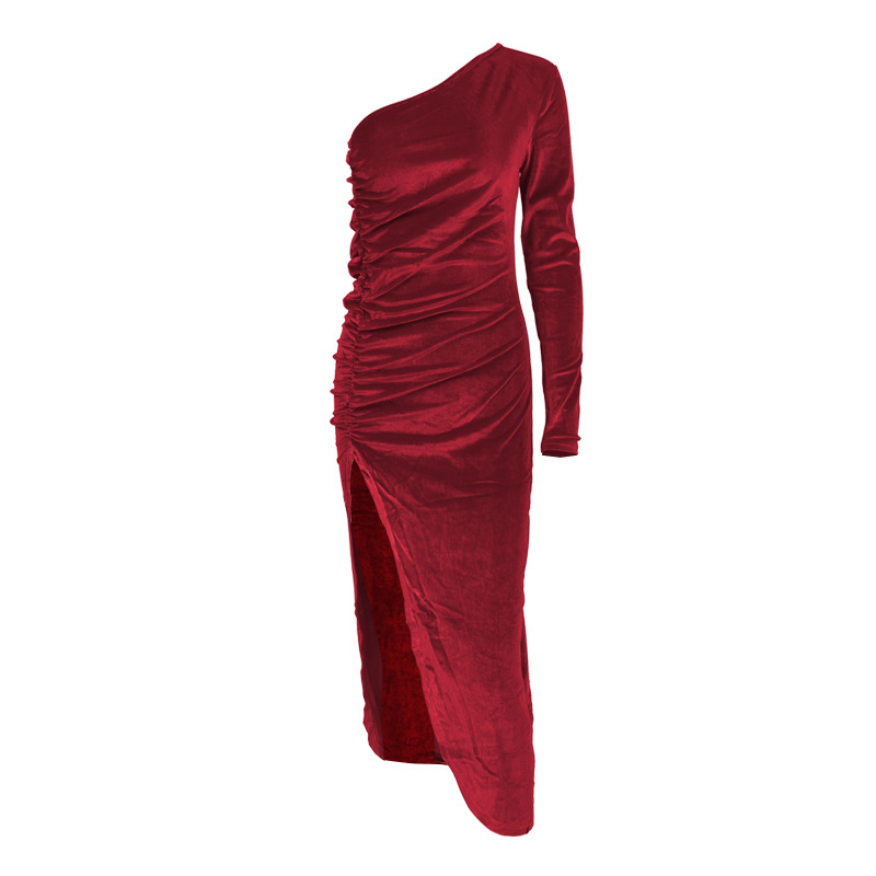 Damen Samtkleid Für Den Winter Sexy Schräges Schulter-design Slim_voghion.com