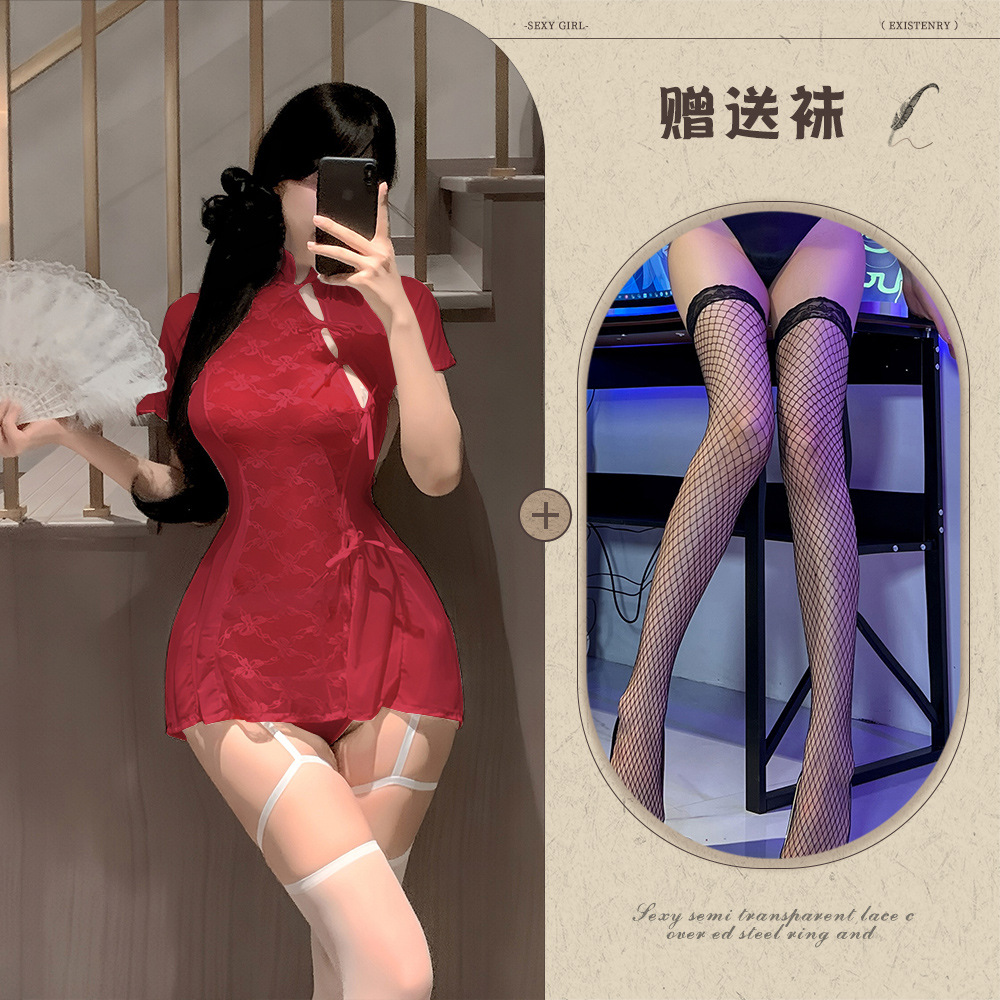 레드 + 블랙 망사 스타킹