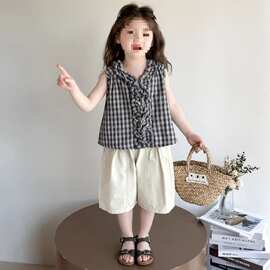 女小童棉布格子套装夏季女宝宝韩版阔腿裤夏装小女孩网红两件套潮