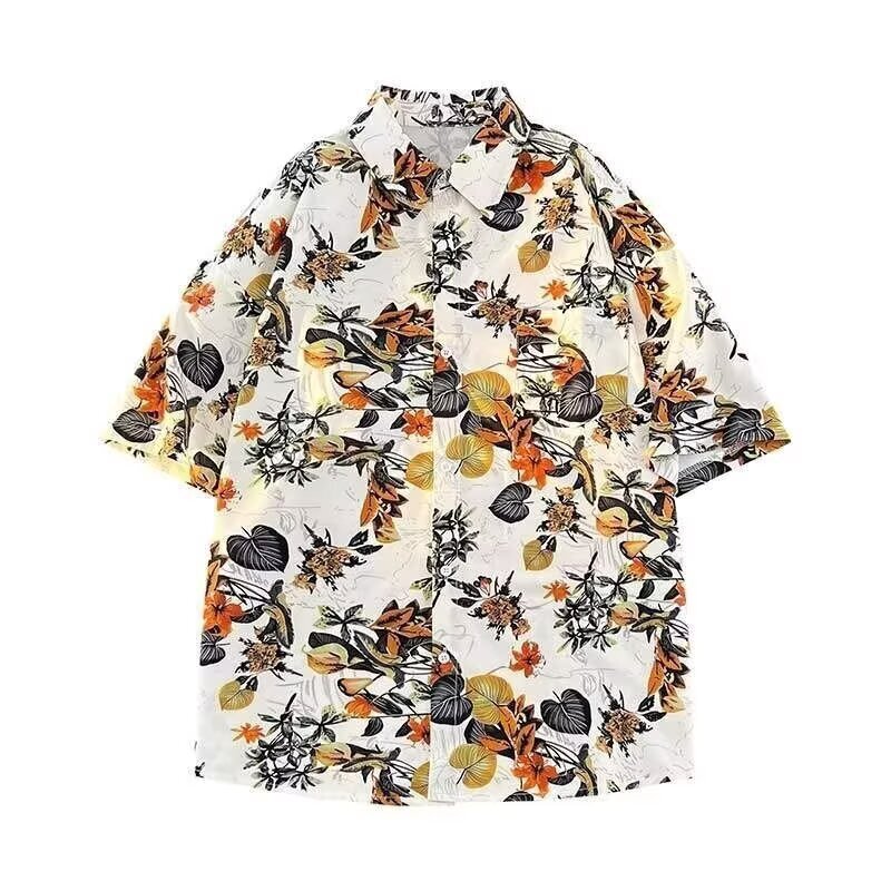 Source Factory American and Japanese Style Cuban Collar Floral Shirt Plus Size Men's Short-Sleeve Summer Hong Kong Style Shirt Wholesale