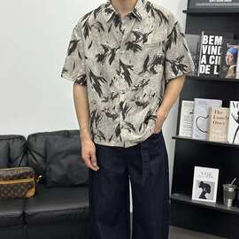 复古扎染印花短袖衬衫2026夏季休闲新款男士宽松时尚百搭小众衬衣