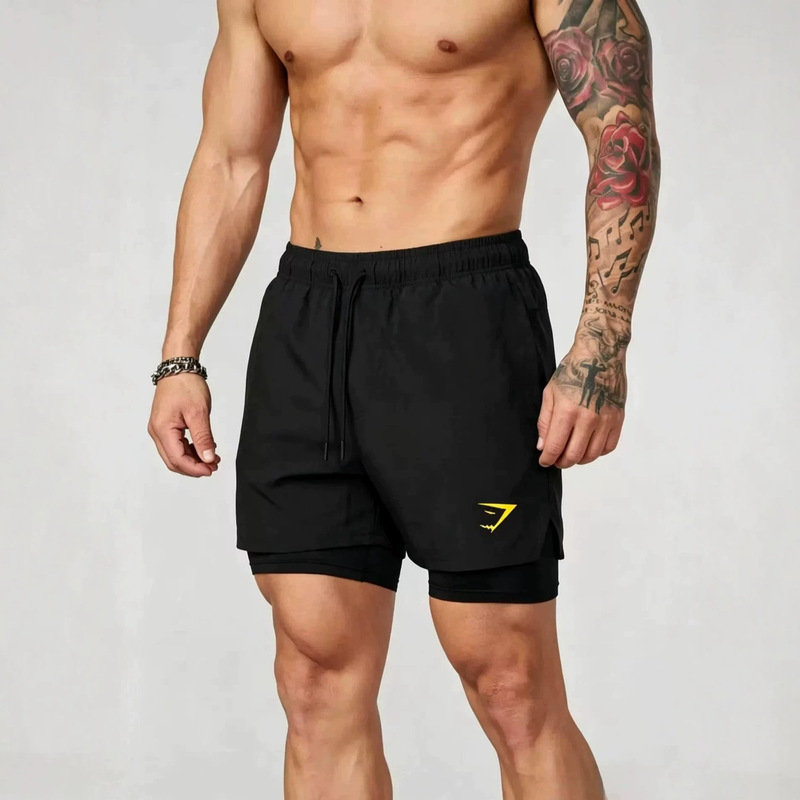 Gymshark Men's Shorts 2-in-1 Double-Layer Shorts Muscle Sports Training Fitness Casual Loose Printed Shorts