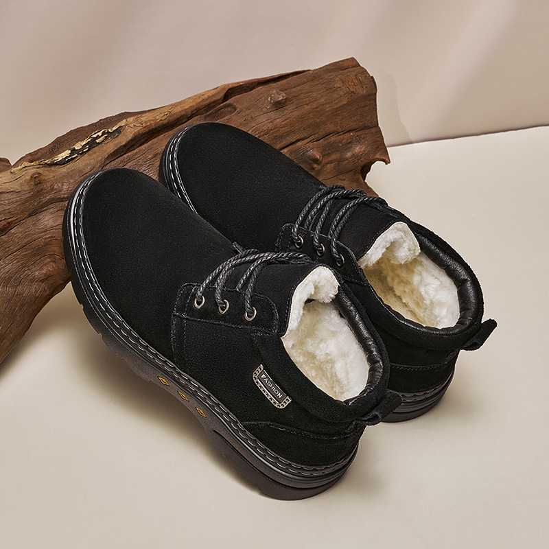 Plus-size men's wool-lined cotton shoes, casual business shoes for dads, plush and thickened snow boots, high-top warm men's shoes