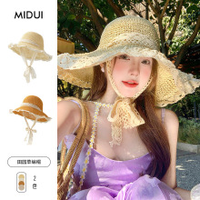 夏季女士海边度假遮阳帽大帽檐防晒帽可折叠女款漂亮蕾丝草帽帽子