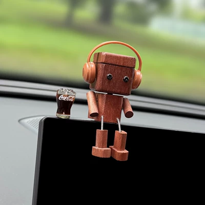 Car ornaments figurine, creative car accessory, cute - rocking-leg-wooden-figurine-brown-headphones-coke