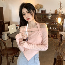 纯欲风辣妹一字肩挂脖修身显瘦长袖T恤不规则秋季新款时尚上衣ins