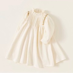 秋季童裝新款女童法式復古小眾赫本風壓褶立領韓版泡泡袖連衣裙