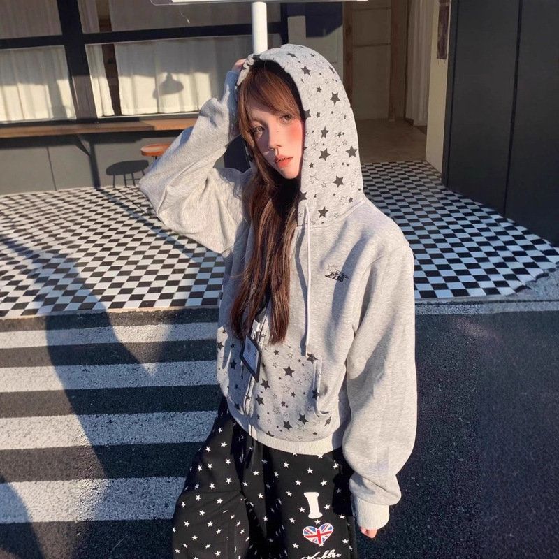 American Retro Star Print Hooded Cardigan Zipper Jacket Sweatshirt for Women Autum Loose Sweet Sexy Slimming Look Top