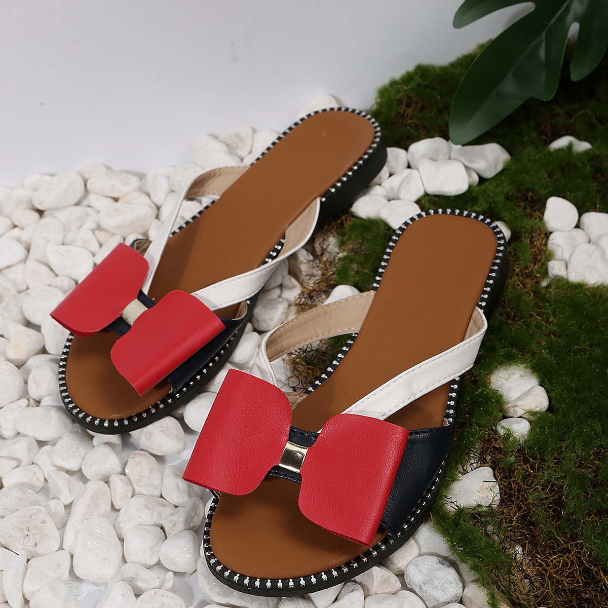 Women's Plus Size Color Blocked Suede PU Sandals Size 43 Flat Bow Tie Summer Beach Shoes Brown Rubber Sole_voghion.com