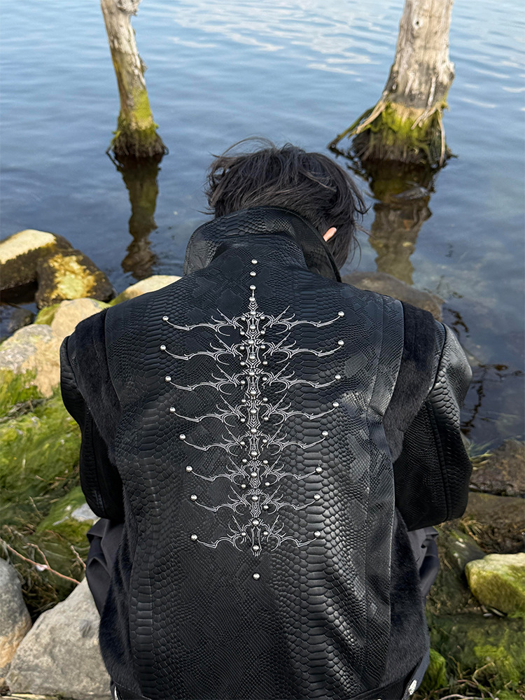 Kişi üçün ilan naxışlı süni dəri jaket, qısa model