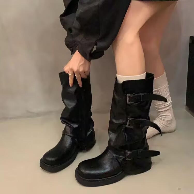 厚底ミッドカーフブーツ女性用 2025 初秋と冬の新しいスタイルのプリーツベルトバックルダークブーツナイトブーツ|undefined