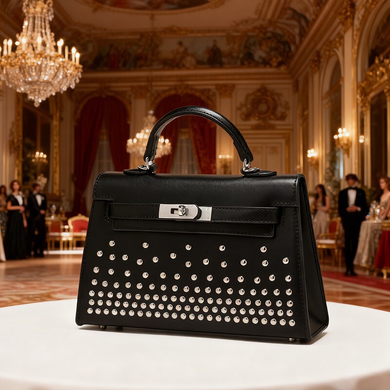 Handbag 2025 New Box Leather Rivet Black Silver Buckle Kelly Bag Second Generation Mini Genuine Leather Shoulder Crossbody Bag