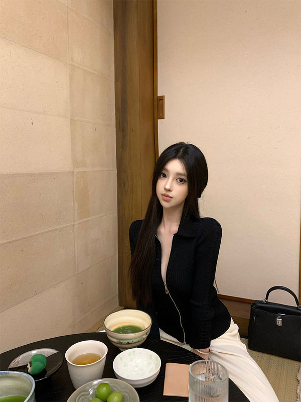 woppei 25秋冬新款拉链毛衣开衫女舒适修身显瘦翻领螺纹针织上衣|undefined