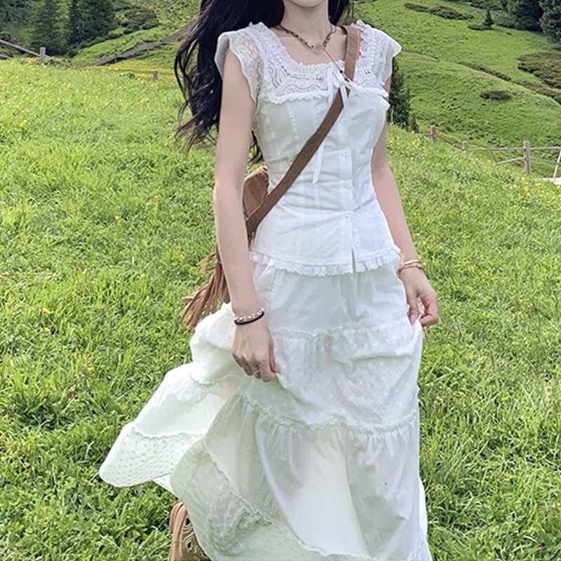 西西里仲夏 法式蕾丝拼接收腰衬衫套装 可甜可盐小清新白色一整套|undefined