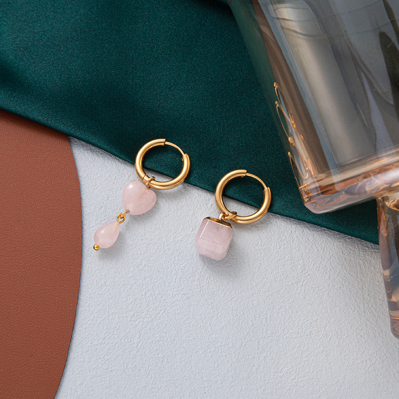 Cross-border Fashion Asymmetric Geometric Square Rectangular Natural Stone Hoop Earrings Women's Stainless Steel Round Ear Buckle Earrings