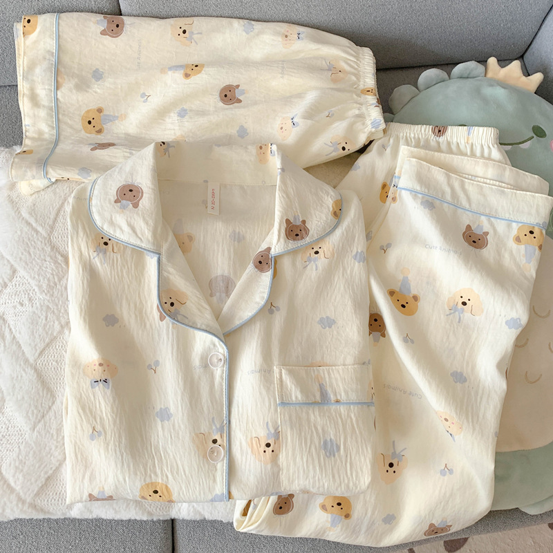 Cute Puppy Pajamas for Women Spring and Summer Pure Cotton Gauze Short-Sleeved Shorts and Pants Three-Piece Suit Cartoon Home Clothes Cute Puppy Pajamas for Women Spring and Summer Pure Cotton Gauze Short-Sleeved Shorts and Pants Three-Piece Suit Cartoon Home Clothes