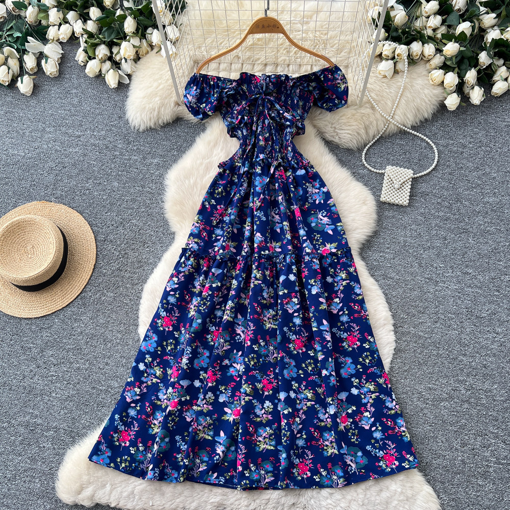 Women's French Sweet Style Square Neck Floral Dress Summer Korean Pleated Waist Tie A-Line Elegant Long Red Dress_ecoleips.com