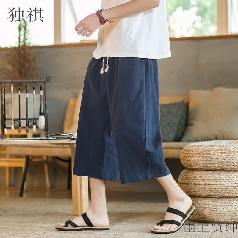 Linen Capri Pants Men's Chinese-style Loose Thin Wide-leg Capri Pants Youth Summer plus size Cotton and Linen Casual Shorts