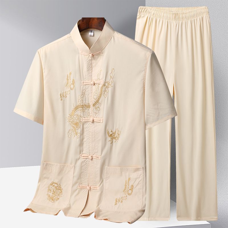 Ice Silk Tang Suit Men's Thin Short-Sleeve Set for Middle-Aged and Elderly Fathers, Senior Hanfu Chinese Style Grandpa Shirt Spring 098