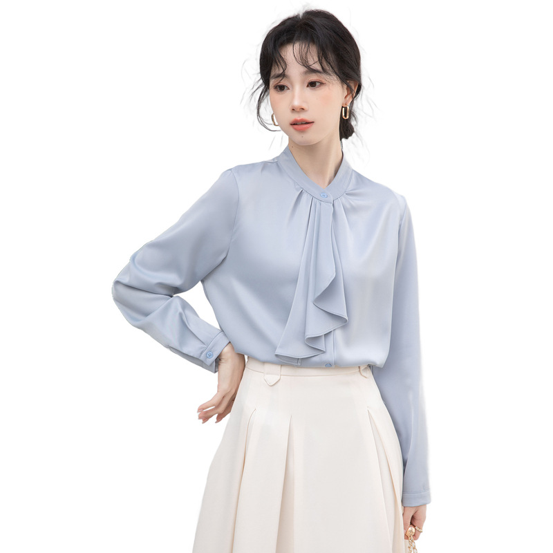 フレンチエレガントデザインの蝶ネクタイ付き2025春秋白長袖シャツ、女性らしい通勤用オフィスシャツ
