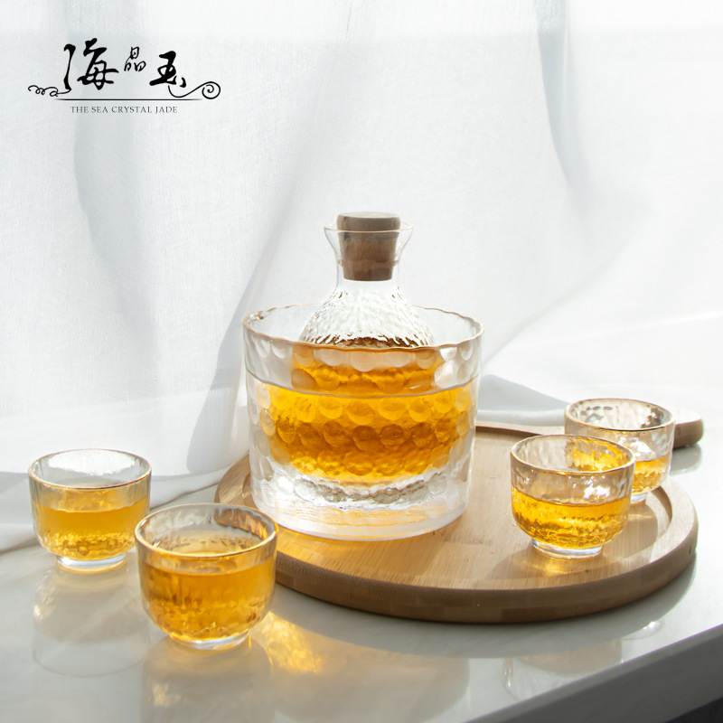 Japanese sake pot, sake cup, gold hammered glass wine dispenser, white wine cup, hot pot, wine warmer, wine set