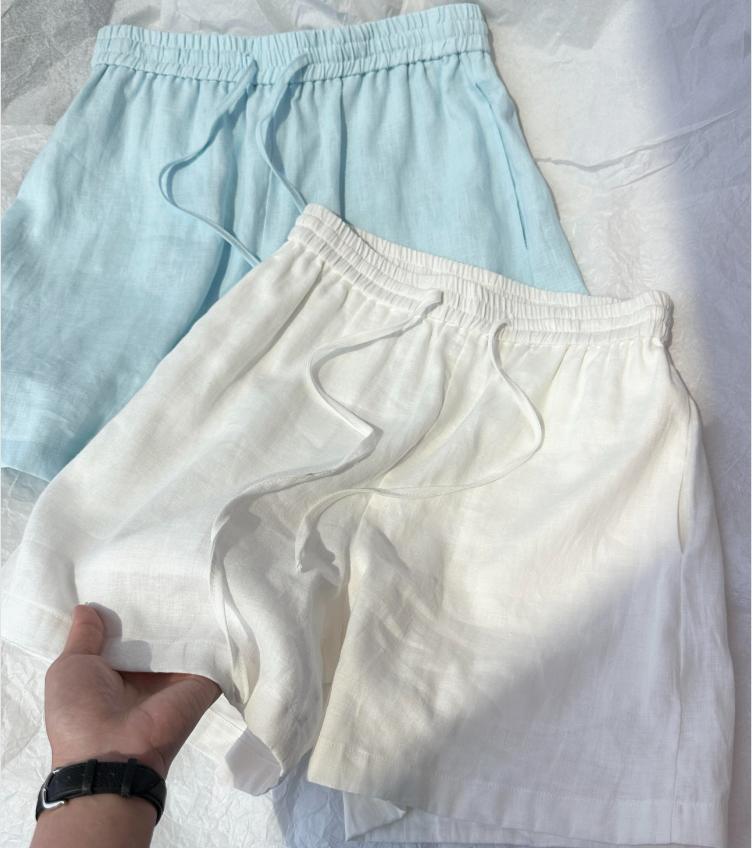 Quần short nữ vải lanh nhập khẩu thiết kế viền tua rua có lót dáng chữ A — xanh lam, màu trắng chi tiết 2