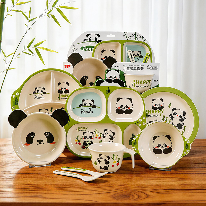 Children's Divided Eating Bowls and Supplementary Food Tableware Set in Stock, Bamboo Fiber Baby Cartoon-Shaped Cute Panda Dinner Plate