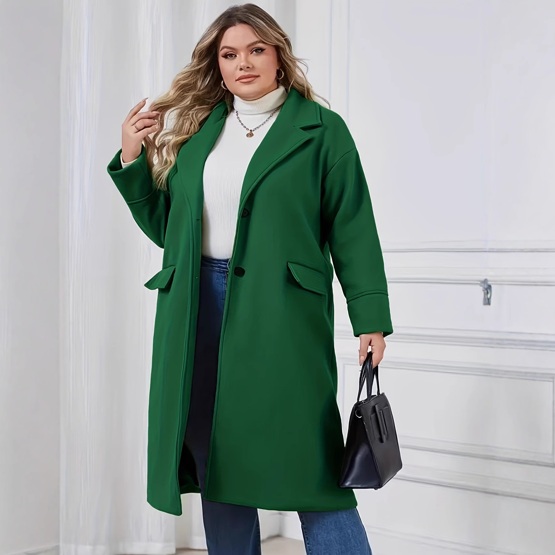 Foreign Trade Cross-Border E-Commerce Green Mid-Length Woolen Windbreaker Jacket for Women Autumn and Winter New Fashion Elegant Versatile Coat