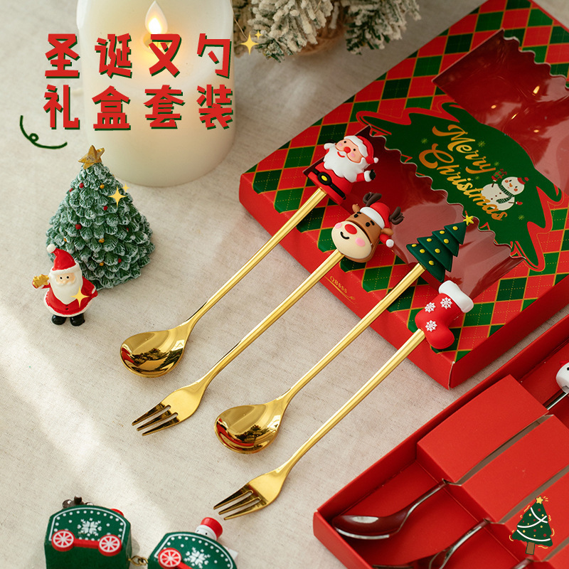 Cross-Border Stainless Steel Tableware Christmas Doll Spoon and Fork Gift Set Coffee Stirring Spoon Dessert Spoon Cake Fruit Fork