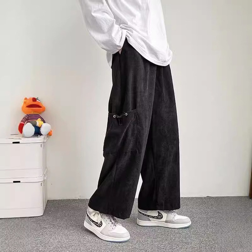 Corduroy wide-leg pants for men, spring and autumn wheat ear pattern loose straight sports casual pants, drooping anti-wrinkle pants for autumn and winter