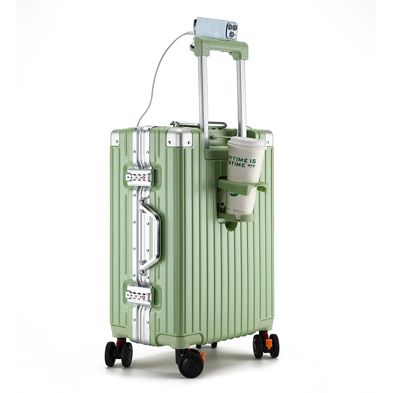 Maleta multifuncional porta taza de agua puerto de carga caja de barra de tracción marco de aluminio maleta silenciosa rueda universal maleta