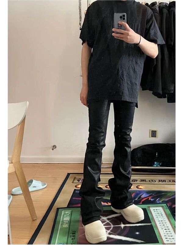 RO Style Brushed Wax Coated High Grade Jeans Men's Stacked Horn vibe Style Slim Fit Slimming Casual Trousers Wholesale