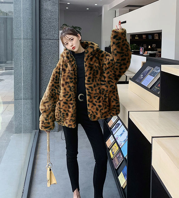 2022 Autumn and Winter New Imitation Fur Coat Women's Imitation Rex Rabbit Fur Hooded Plush Coat Loose Warm