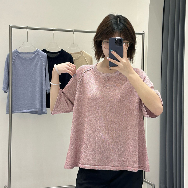 In-Stock 25 Spring/Summer New Starry Shirt with Fine Glitter, Loose Round Neck, Raglan Sleeves, Half-Mid-Sleeve Knit Pullover In-Stock 25 Spring/Summer New Starry Shirt with Fine Glitter, Loose Round Neck, Raglan Sleeves, Half-Mid-Sleeve Knit Pullover