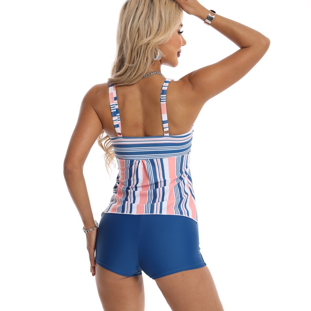 Ensemble bikini de maillot de bain une pièce pour femme, haut rayé à col montant et bas à jupe, tailles S à 5XL, bleu et rose, protection solaire UPF 50+_voghion.com