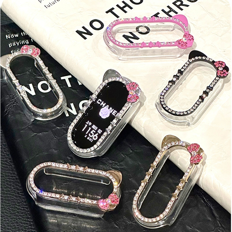 Diamond-Encrusted Kt Cat Watch Case Suitable for Xiaomi Mi Band 9Pro Watch Case Xiaomi Mi Band 10 Hello Kitty Single Diamond Frame
