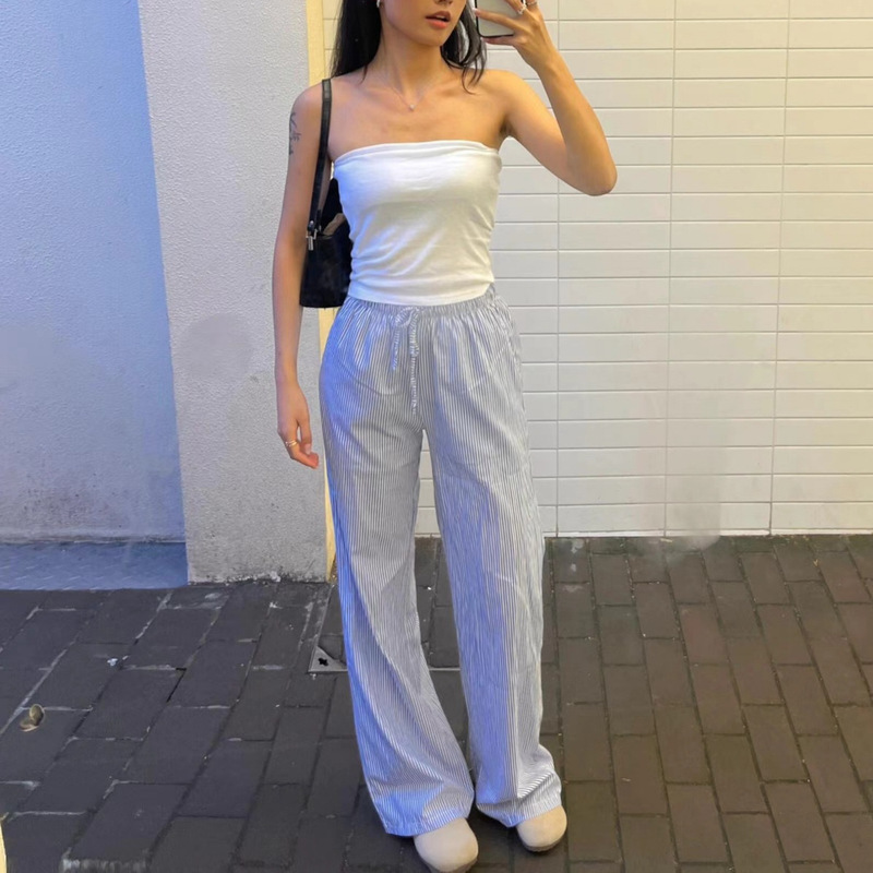 Bm Style Thin Striped All-Cotton Loose Drawstring Straight-Leg Pants for Women, Summer Island Vacation Casual Thin Floor-Length Pants