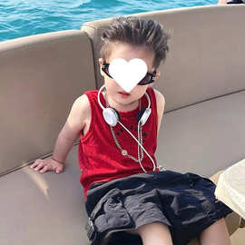 夏季新款复古酒红色男童背心无袖上衣百搭裤子两件套