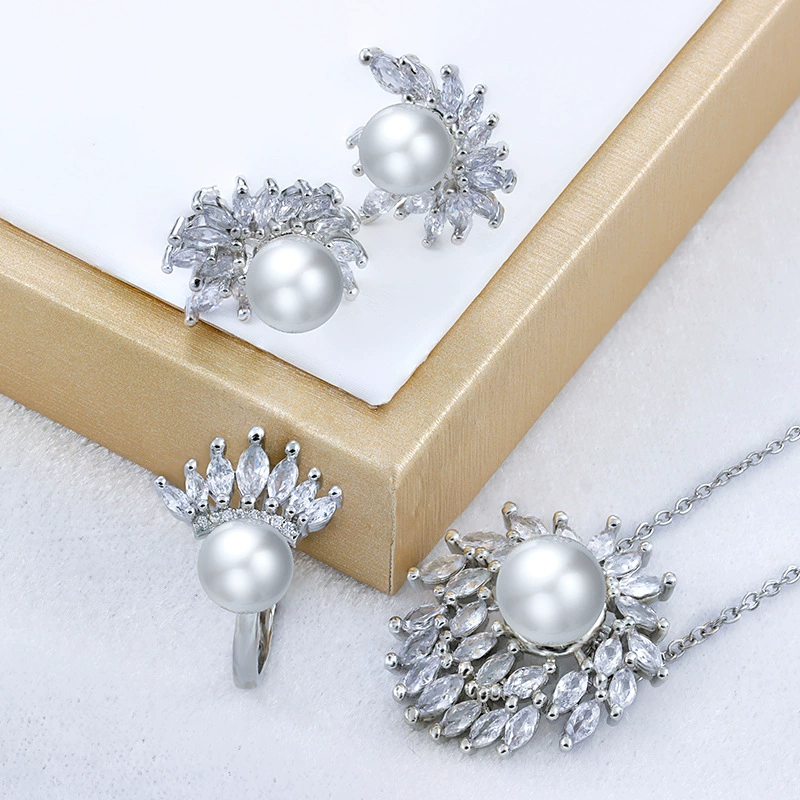 Elite fashionable realistic zirconium, pendant from pearl, one size earrings, ring, set, decorations, new collection