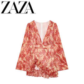 ZAZA 自制欧美风 批发女装 时尚欧美时尚女装V领印花荷叶边连衣裙