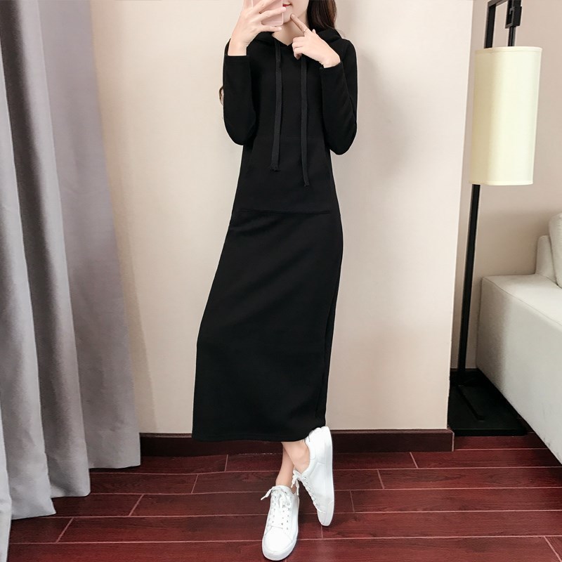 棉秋冬长款过膝卫衣裙女新款韩版宽松大码长袖加绒加厚连帽连衣裙|undefined