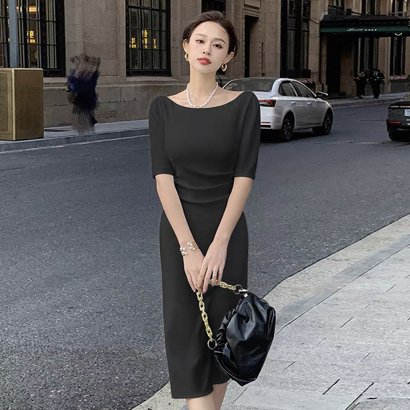 Black Slim Dress for Women, Summer High-End Normcore Style Ol Commuter Short-Sleeved Slimming Look Formal Occasion Hip-Hugging Long Skirt Black Slim Dress for Women, Summer High-End Normcore Style Ol Commuter Short-Sleeved Slimming Look Formal Occasion Hip-Hugging Long Skirt